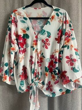 Tie-Front V-Neck Floral Blouse - White with Pink & Green Floral